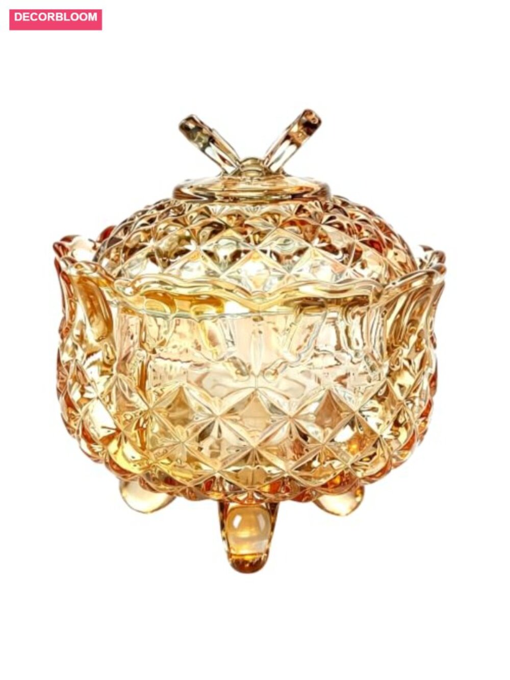 Embossed Glass Candy Jar Butterfly Lid Diamond Pattern 3 Feet